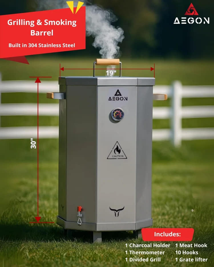 Premium AEGON vertical meat smoker made from 304 stainless steel with wood handles and 35 lbs capacity.