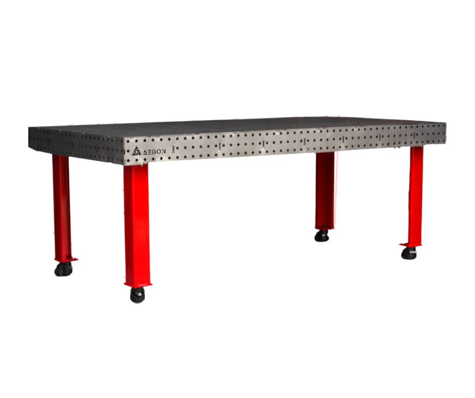AEGON heavy duty welding table with 5/8 inch holes and 2 inch spacing for precision clamping.