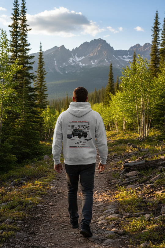 Person wearing the durable Anatomy of an Overland heavy-duty hoodie in grey featuring a detailed technical schematic design by Aegon Ironwork. - BACK