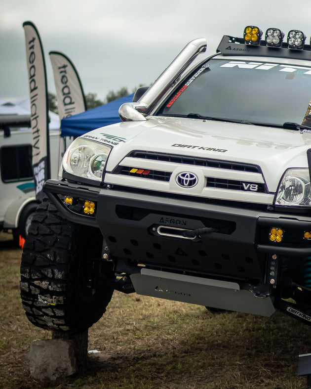 Close-up of Baja Design light integration on a 4th Gen 4Runner front bumper.