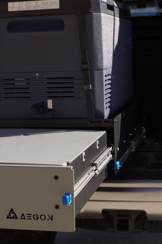 Expedition-grade fridge slide and storage solution for organized camping and long-distance travel.