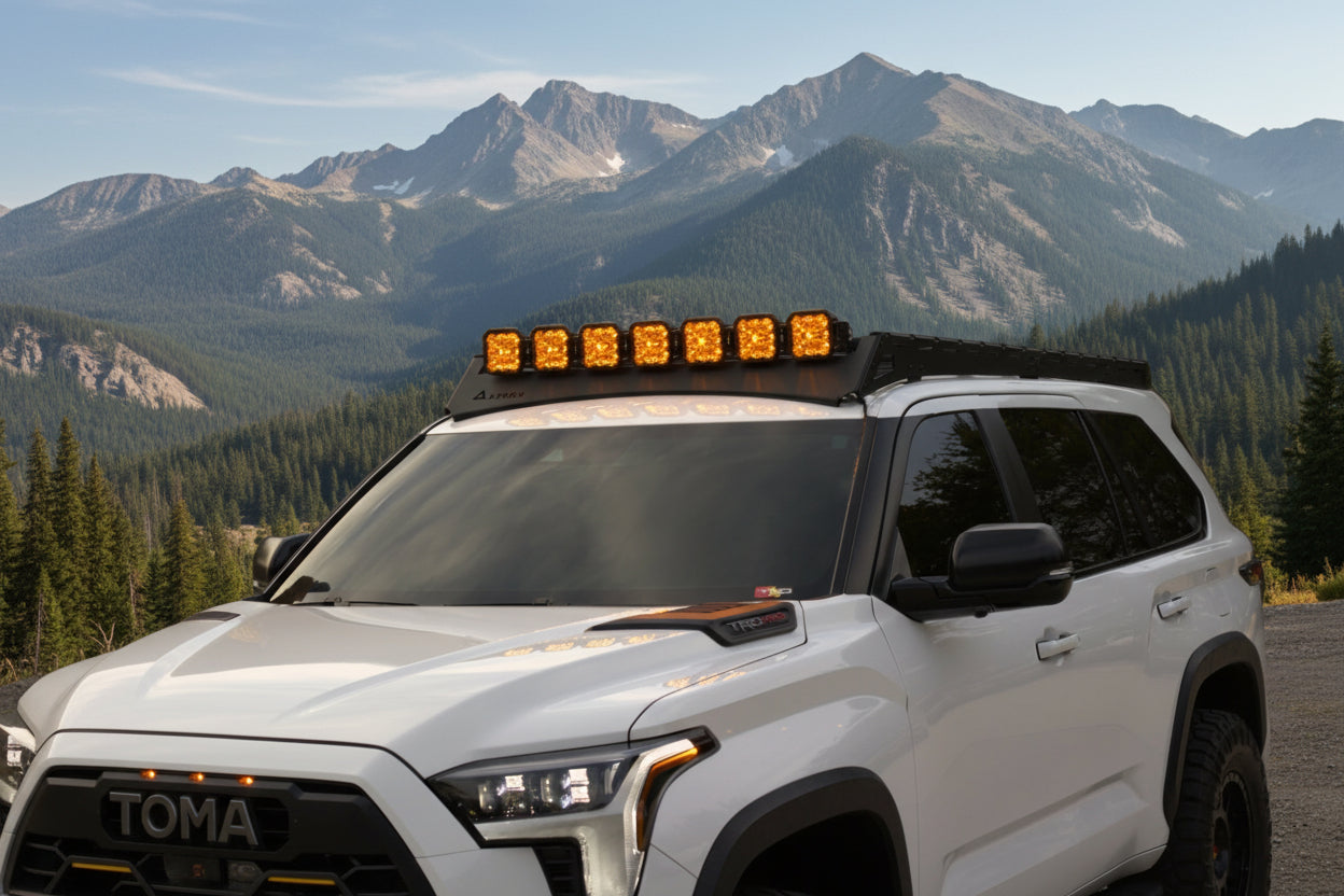Lightweight 38 lb aluminum roof rack for Toyota Sequoia 3rd Gen featuring a black powder coat finish and CNC laser-cut precision.