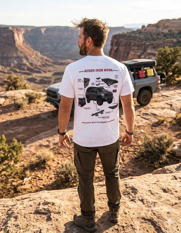 Person wearing the Anatomy of an Overland tee while working on a truck build in a garage.