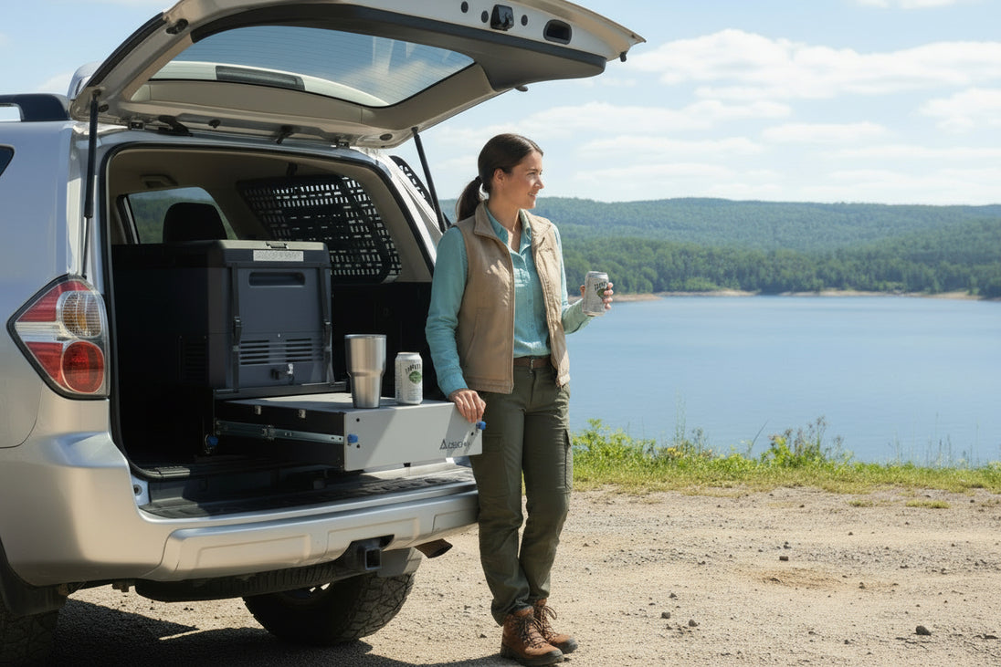 Independent sliding drawer system for off-road vehicles, designed to store camping gear and kitchen supplies.