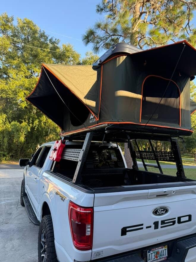 Static load rated 900 lb bed rack platform, ideal for heavy 3-person rooftop tents.