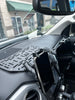 Tactical interior dashboard organizer for Toyota Tundra overland builds, providing secure mounting without blocking visibility.