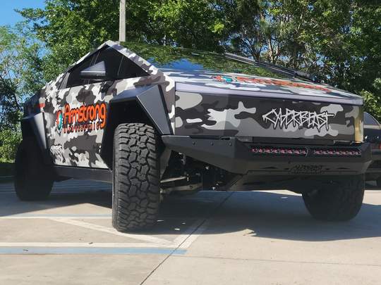 Premium AEGON aluminum front bumper for Tesla Cybertruck with integrated heavy-duty skid plate.