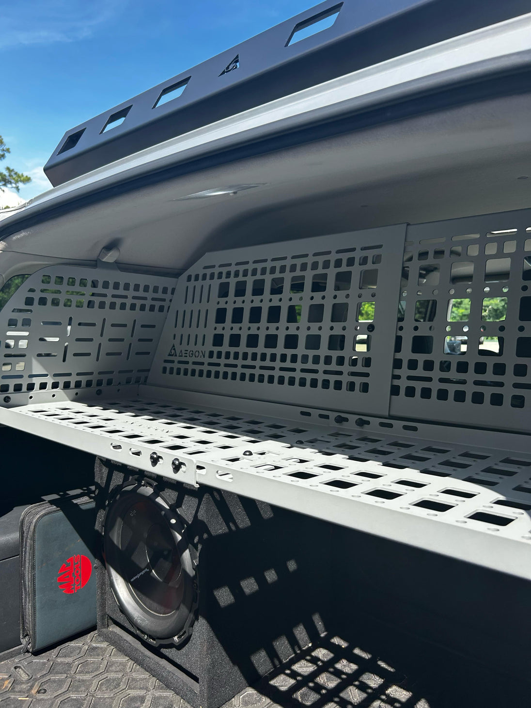 Full interior Molle storage system for Toyota FJ Cruiser made from 0.125 inch thick 5052 aluminum for lightweight overland gear mounting.