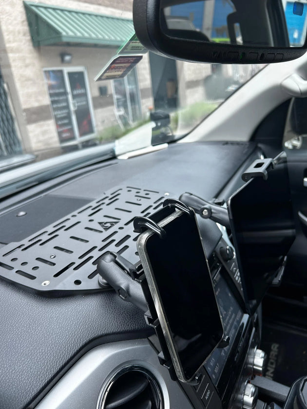 Aluminum interior dashboard Molle panel for Toyota Tundra (2007-2021) designed for mounting devices and gear.