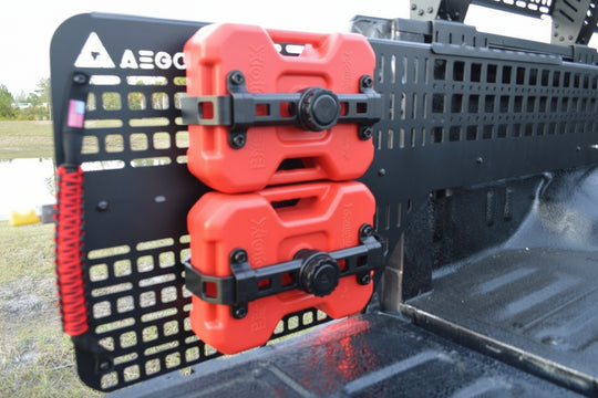 Sliding side Molle panels for Tundra CrewMax allowing quick tool retrieval without climbing into the truck bed, mounted on stainless-steel rails.