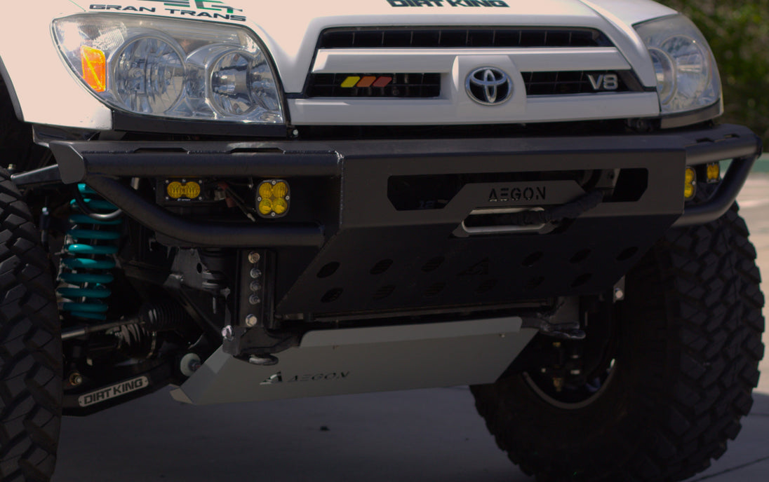 Detail view of the winch mount and integrated recovery points for off-road shackles.